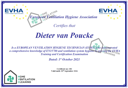 Certificaat European Ventilation Hygiene Technician Dieter Van Poucke